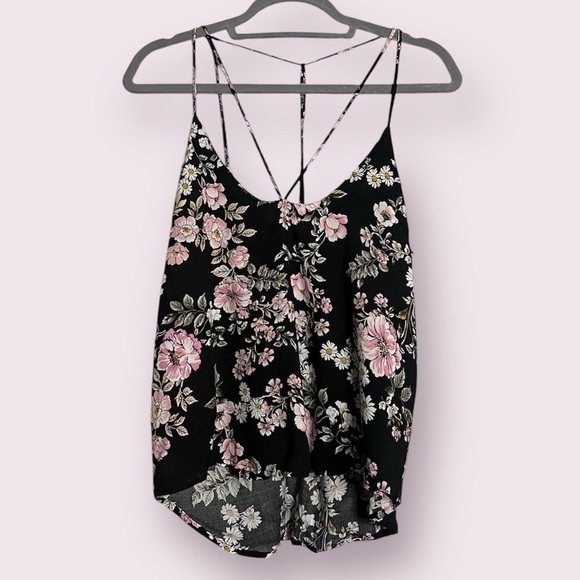LF Tops - LF Three Days Black and Pink Floral Strappy Cami Blouse XS